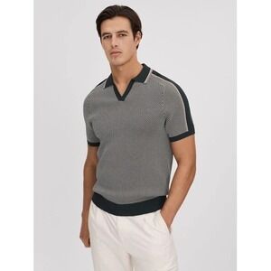 REISS Mens Brunswick Geometric Design Huntin Green Knitted Shirt Top Size M